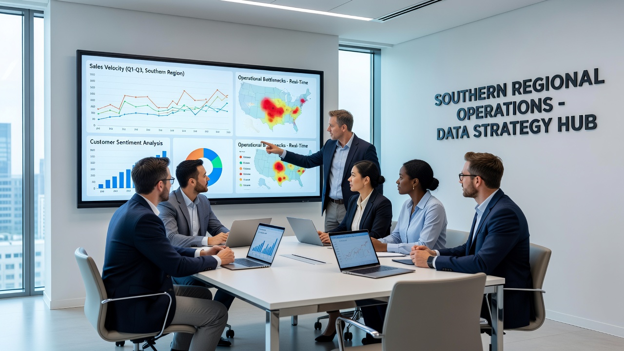 Solo entrepreneur reviewing live analytics on multiple screens in a home office setting
