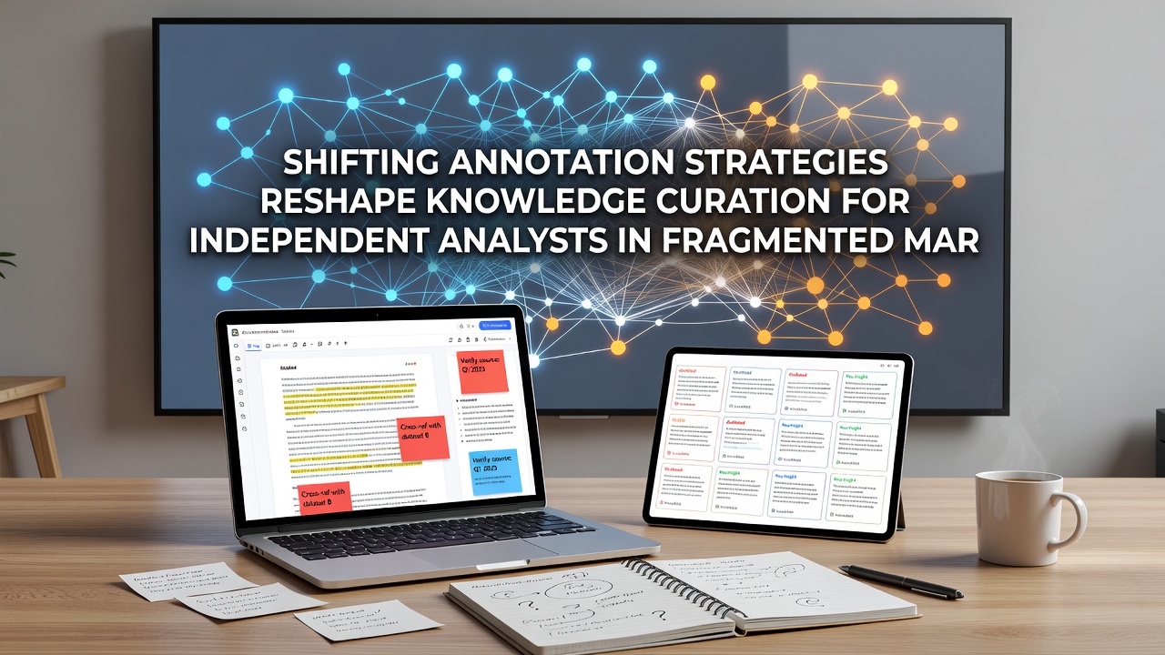 Analyst reviewing interconnected annotation layers on multiple data sources in a fragmented market setting